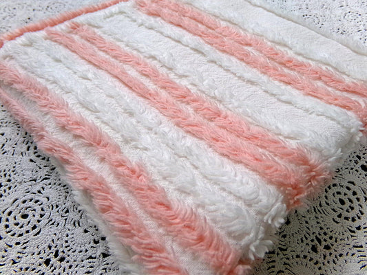 vintage chenille bedspread fabric summer peach & white stripes 15.5x29"