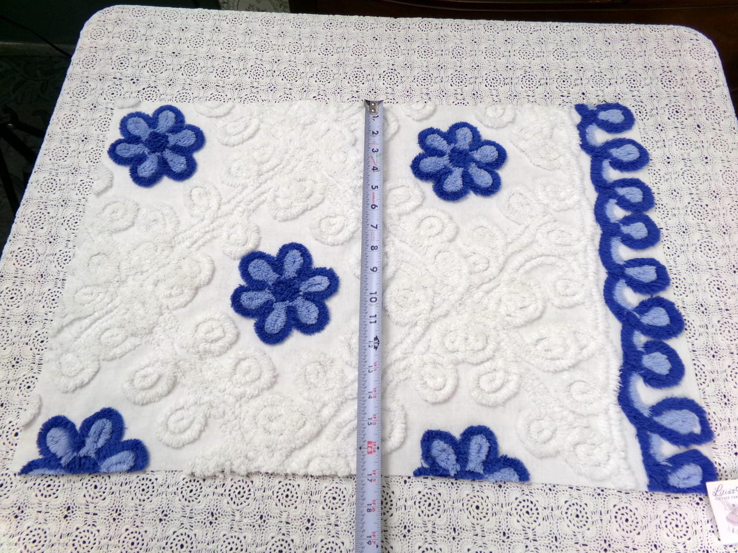 Blueberry Swirl Vintage Chenille Bedspread Fabric, Coastal Blue & White Daisy 16.5x25"
