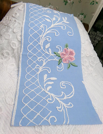 shabby cottage rose vintage chenille fabric, blue white floral sewing material, 15" x 30" piece
