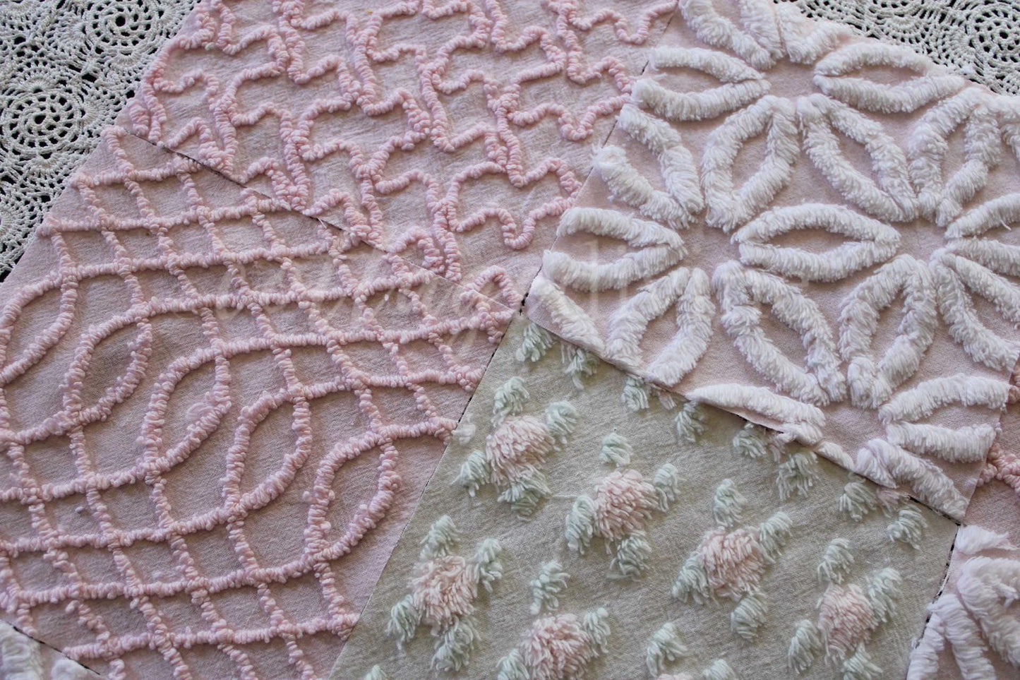 Pink Quilt Squares, Daisy Rosebud Craft Square Set from Vintage Bedspread Fabric, 16 Blocks, 6" x 6" inch