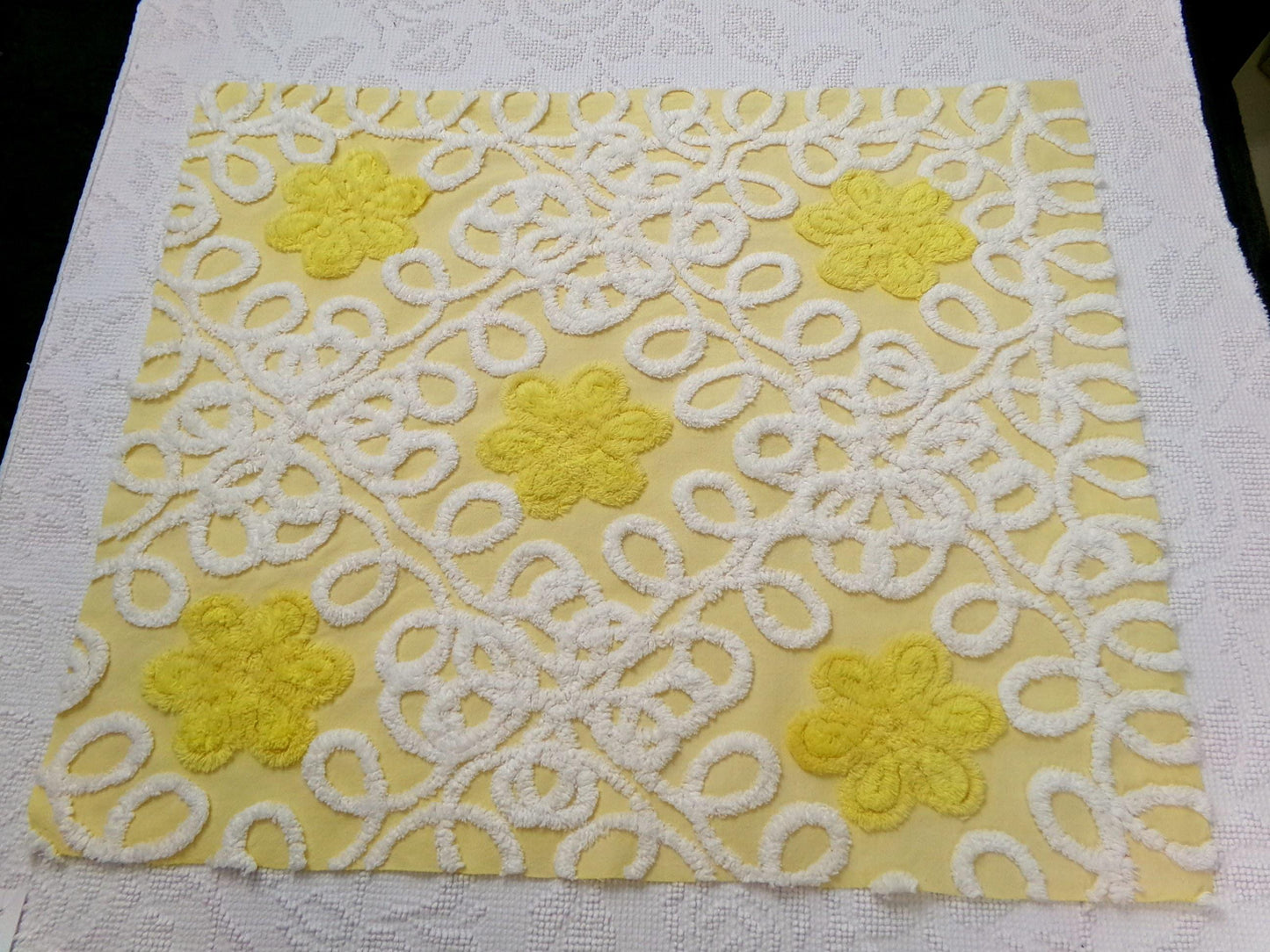 Sunny Yellow Daisy Vintage Chenille Fabric, White Swirl Sewing Quilt Material, 20" x 24"