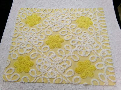 Sunny Yellow Daisy Vintage Chenille Fabric, White Swirl Sewing Quilt Material, 20" x 24"