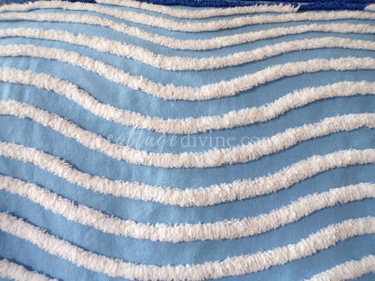 Gentle Waves Vintage Chenille Quilt Fabric, 26" x 16.5" Piece, 100% Cotton White Tufting on Blue