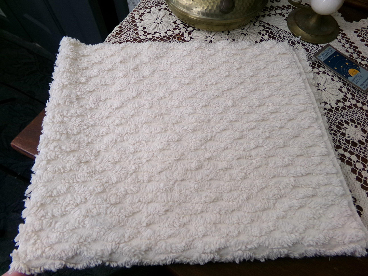 Simple Vanilla Vintage Chenille Fabric, tufted lattice design, sewing craft quilt material, 20" x 24" piece