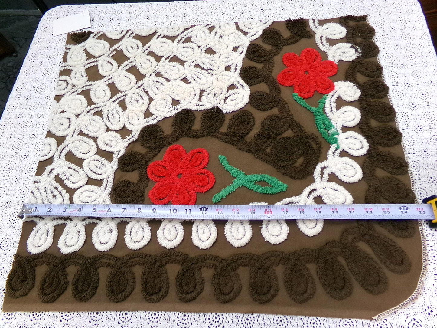 Rich Chocolate Vintage Chenille Bedspread Fabric Cherry Red Flowers 20x24"