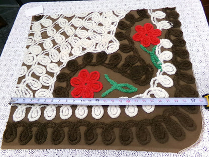 Rich Chocolate Vintage Chenille Bedspread Fabric Cherry Red Flowers 20x24"