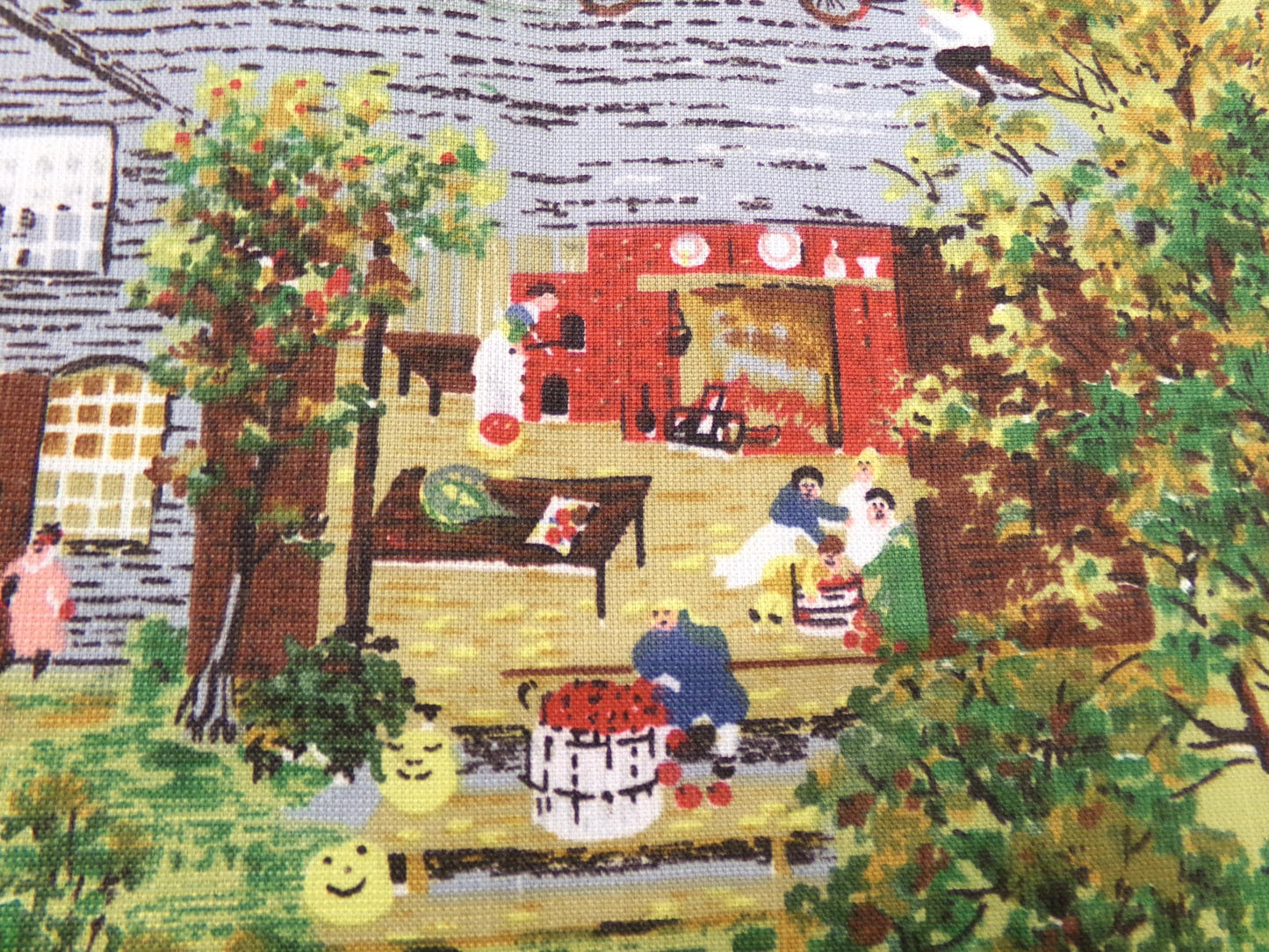 Grandma Moses HALLOWEEN Vintage Barkcloth Fabric, Midcentury Rustic Spooky Scene, 17" x 23"