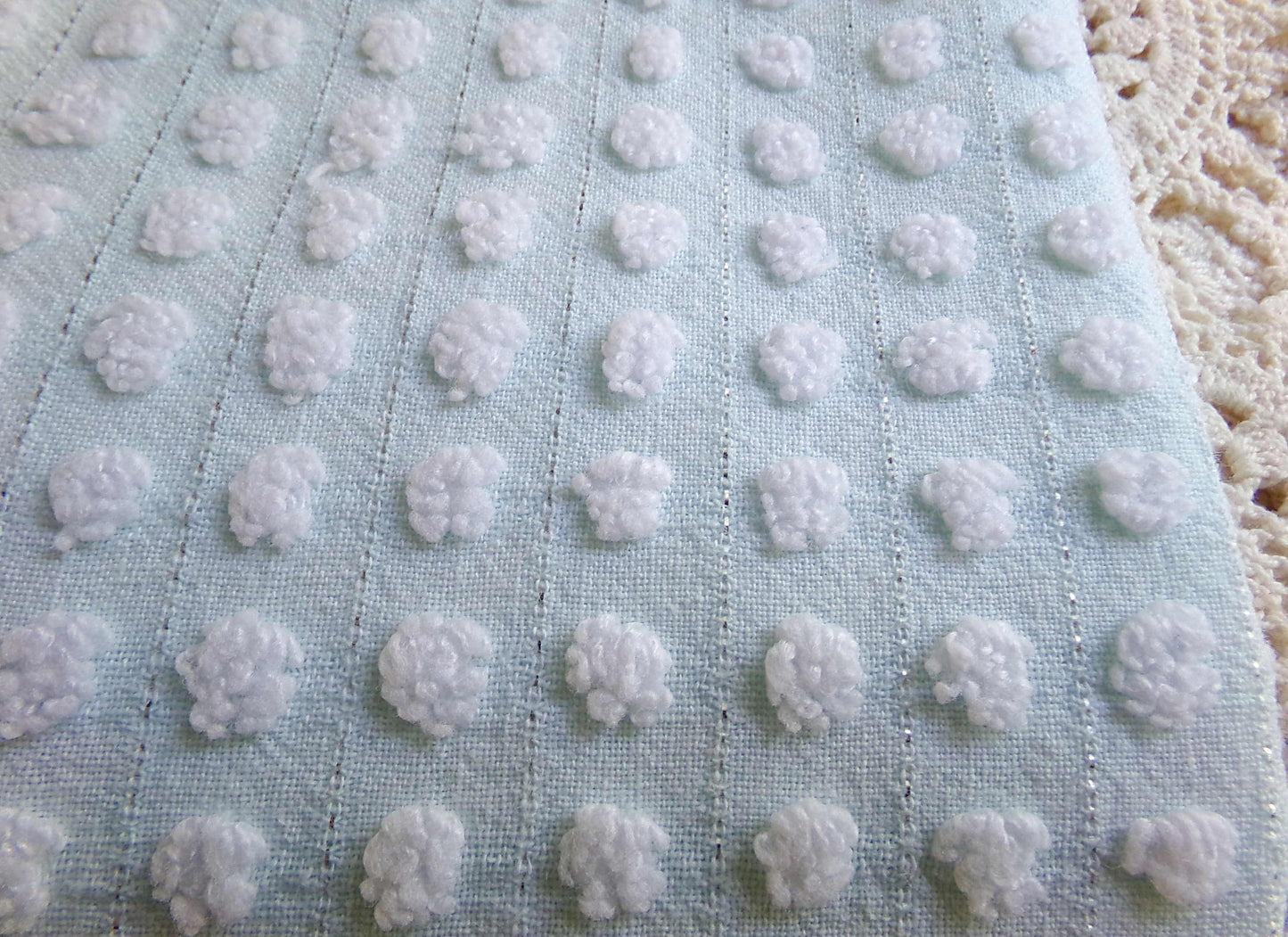 vintage chenille bedspread fabric cool aqua white pops silver lurex 18x24"