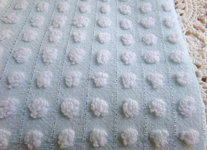 vintage chenille bedspread fabric cool aqua white pops silver lurex 18x24"