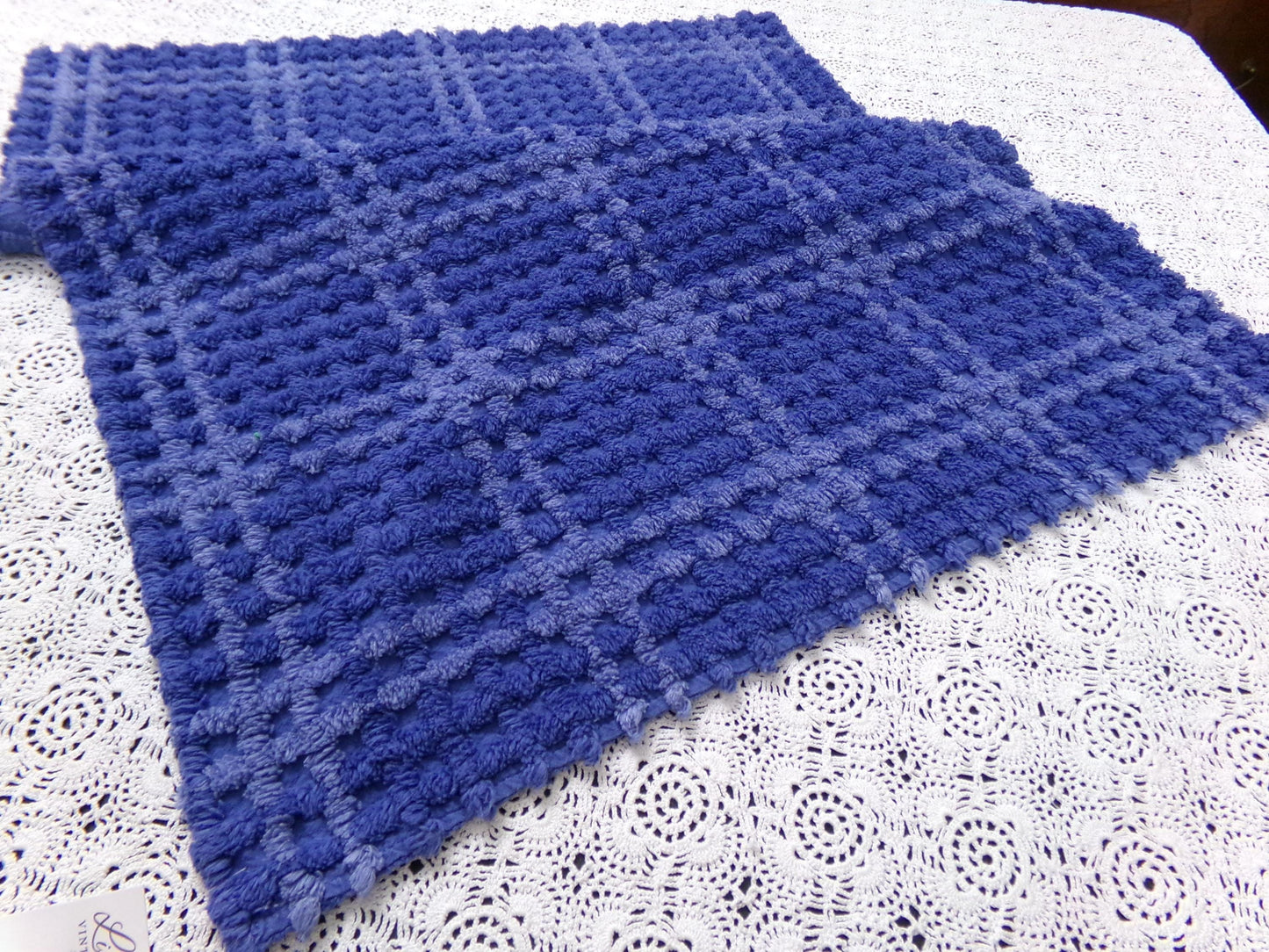 Midnight Blue Vintage Chenille Fabric Textured Plaid Sewing Material 18" x 24"