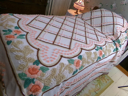 Vintage Coral Rose Chenille Bedspread, Natural Chic Colors, Peach Pops & Chocolate Accents on White Cotton, Full Size Bedding
