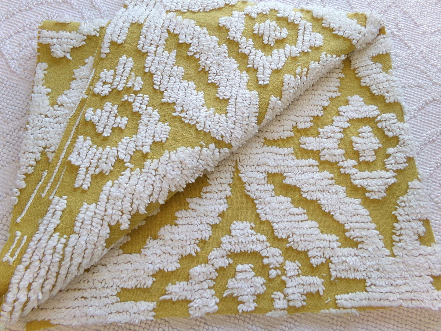honey harvest gold vintage chenille fabric, retro 18" x 25" cut piece, white geometric tufts, lightweight cotton sewing fabric