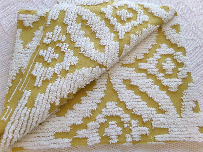 honey harvest gold vintage chenille fabric, retro 18" x 25" cut piece, white geometric tufts, lightweight cotton sewing fabric