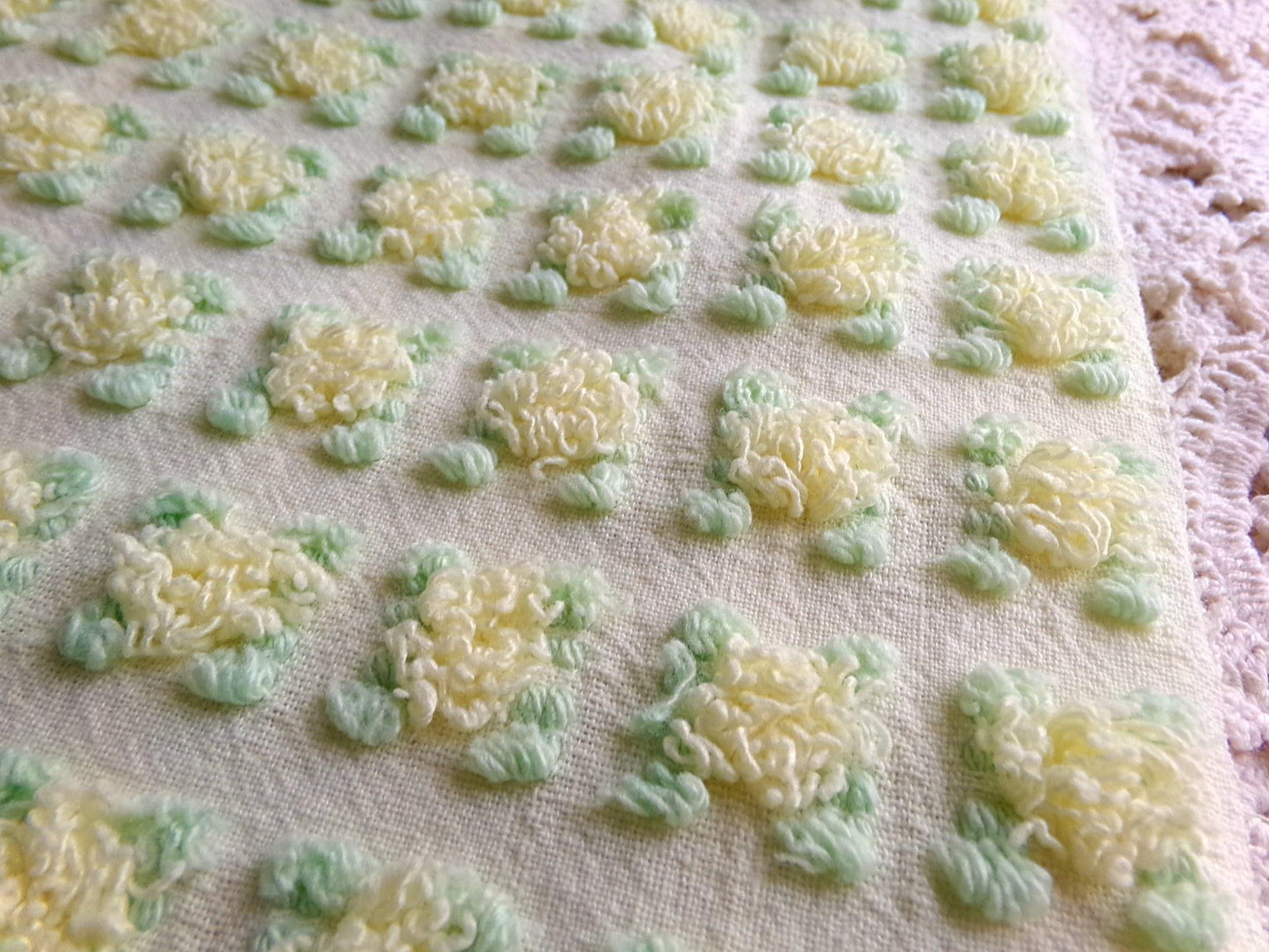 plump yellow rosebud vintage chenille fabric, cottage chic sewing & quilt material, 18" x 25"