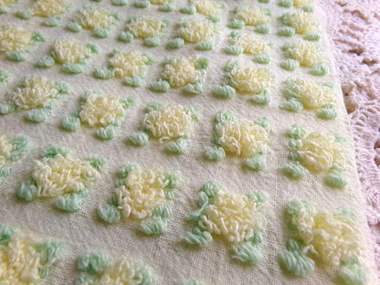 plump yellow rosebud vintage chenille fabric, cottage chic sewing & quilt material, 18" x 25"