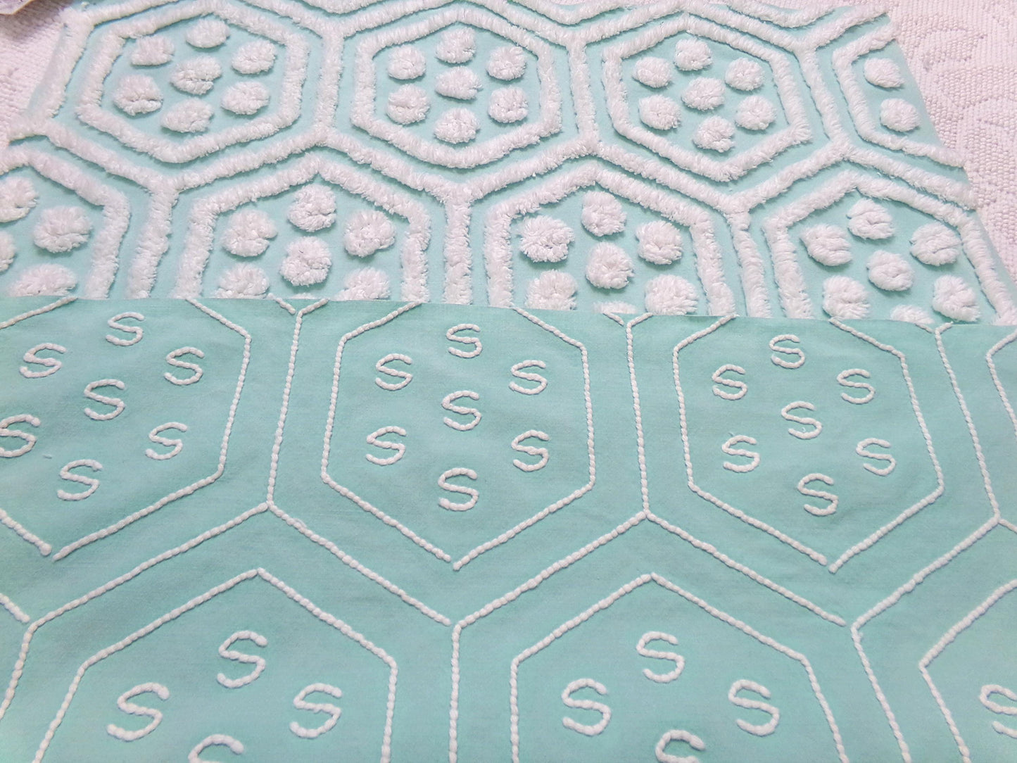 Vintage Chenille Fabric Coastal Fresh Aqua White Geometric Hexagon Dot 18x24"