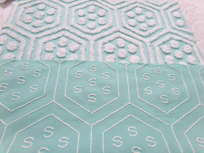 Vintage Chenille Fabric Coastal Fresh Aqua White Geometric Hexagon Dot 18x24"