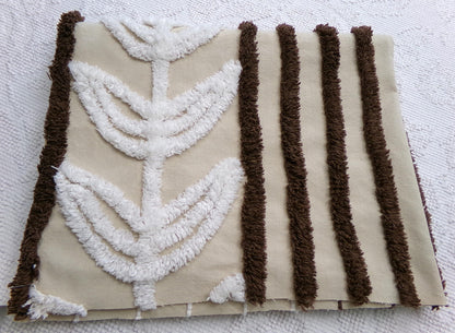 mocha leaf stripe vintage chenille fabric: contrast brown & white striped design, 20" x 24" sewing material for quilting, crafts