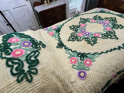 Vintage Yellow Chenille Bedspread, Lollipop Roses & Green Medallion Scrolls, Full Size