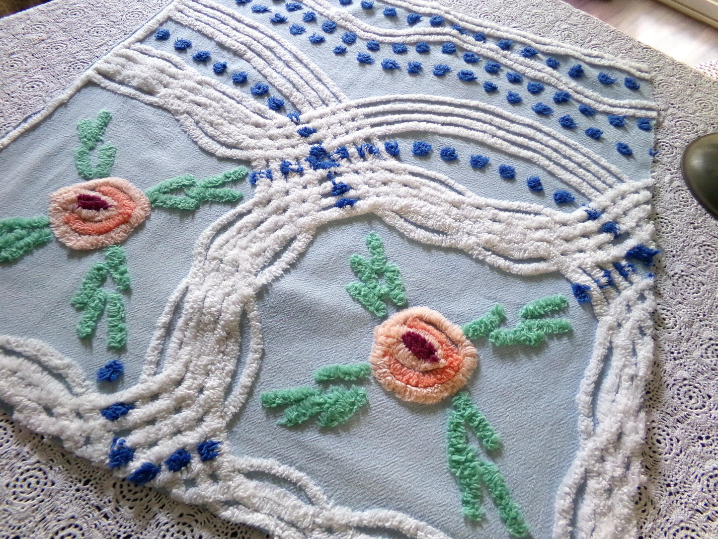 Coastal Cottage Vintage Chenille Fabric, Blue Rose Floral Sewing & Quilt Material 21" x 23"
