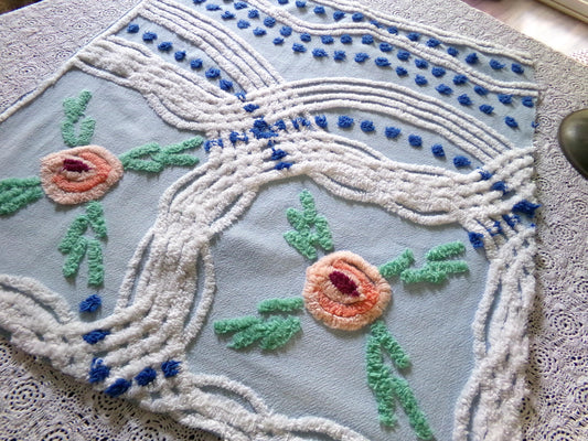 Coastal Cottage Vintage Chenille Fabric, Blue Rose Floral Sewing & Quilt Material 21" x 23"