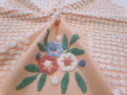 Vintage Peach Chenille Fabric Floral White Puff Tufts, Quilting Crafts Cottage Chic Bedspread Material Upcycle Sewing Supply, 26" x 27"