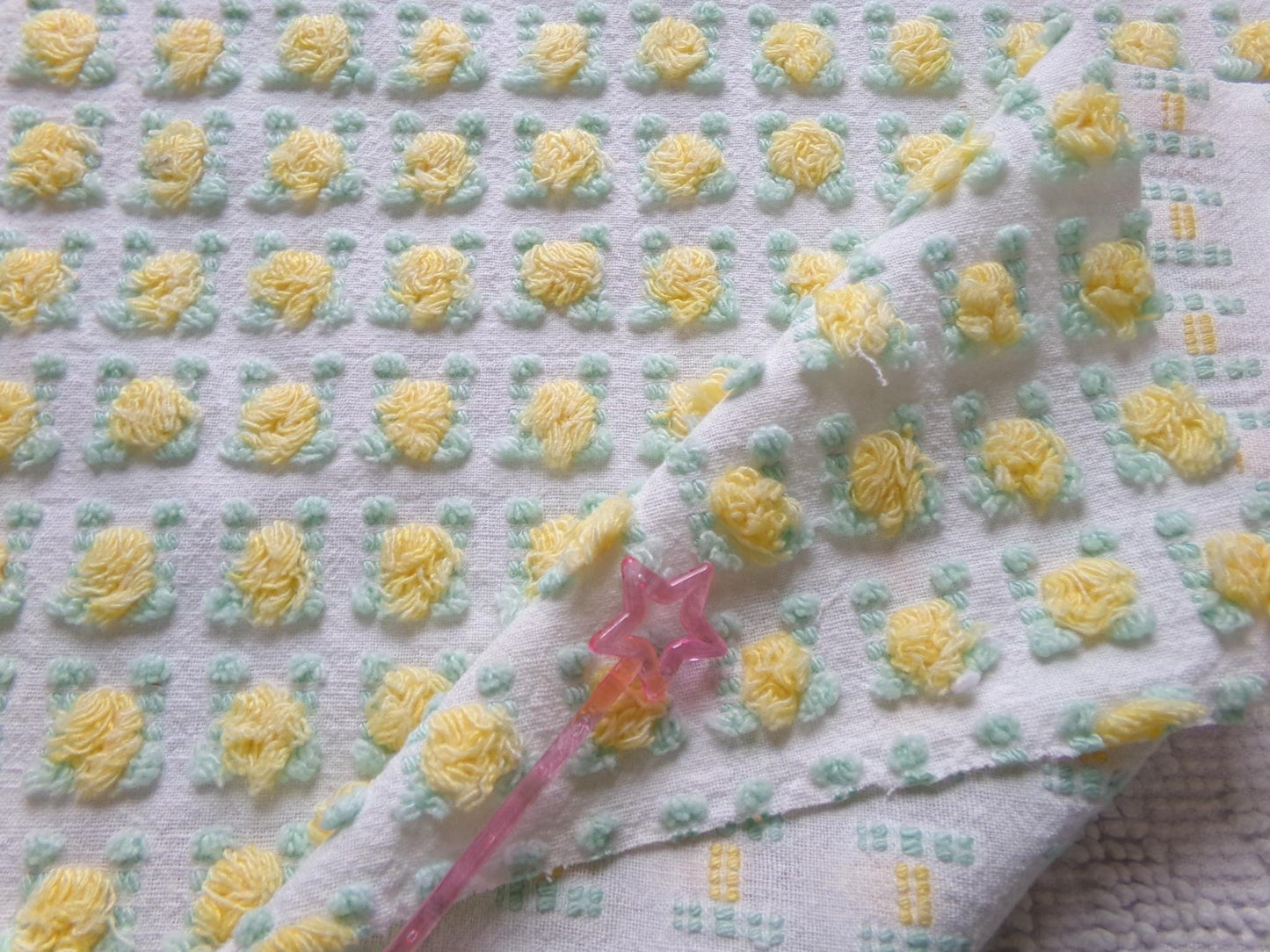 yellow rosebud vintage chenille fabric, lemon tufted rose sewing quilt material 18x24"