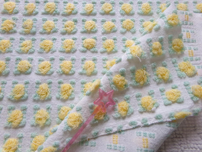 yellow rosebud vintage chenille fabric, lemon tufted rose sewing quilt material 18x24"