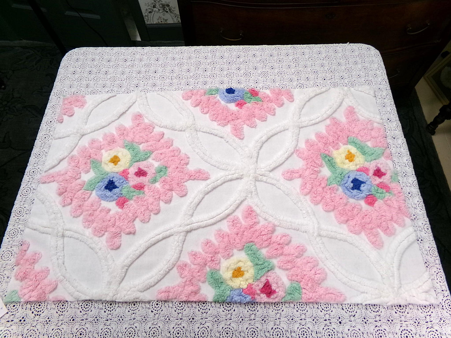 Vintage Chenille Fabric Piece, Pink Frosting Floral Cottage Chic Sewing Material 18x30"