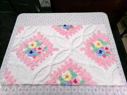 Vintage Chenille Fabric Piece, Pink Frosting Floral Cottage Chic Sewing Material 18x30"