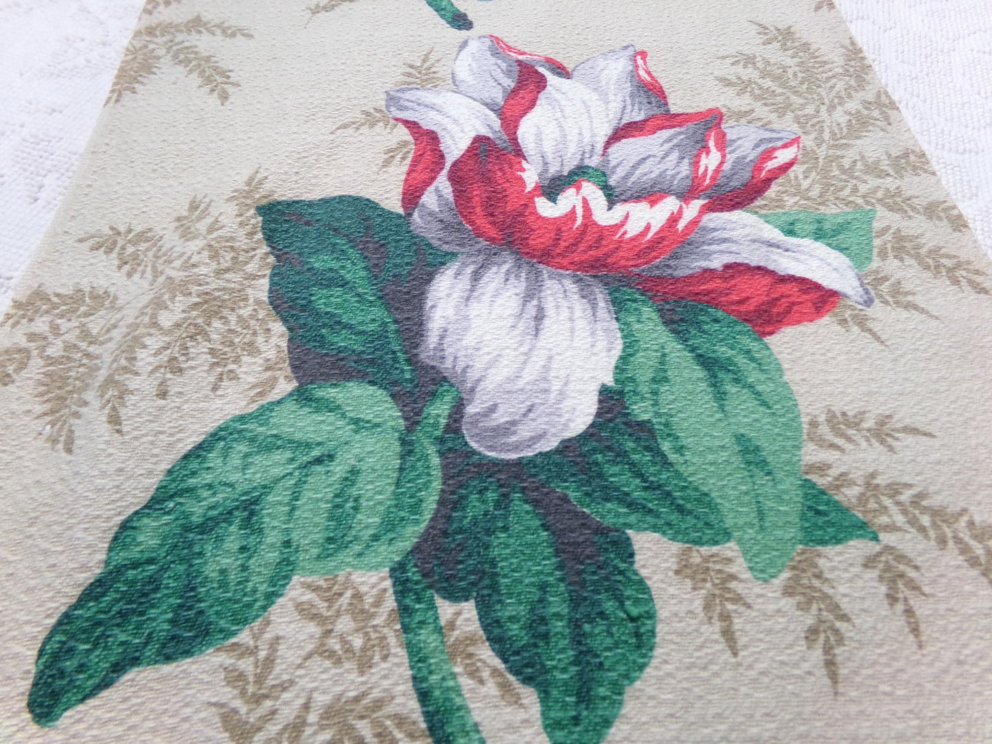 Vintage Barkcloth Fabric 16x27" Floral Magnolia Bloom Red White Green Tan