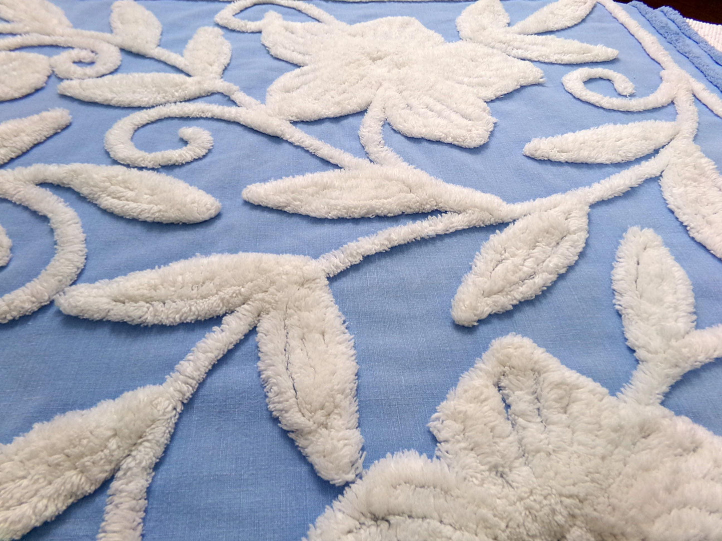 Vintage Chenille Fabric Piece, White Botanical Floral on Sky Blue, 21" x 24" Sewing Material