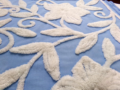 Vintage Chenille Fabric Piece, White Botanical Floral on Sky Blue, 21" x 24" Sewing Material