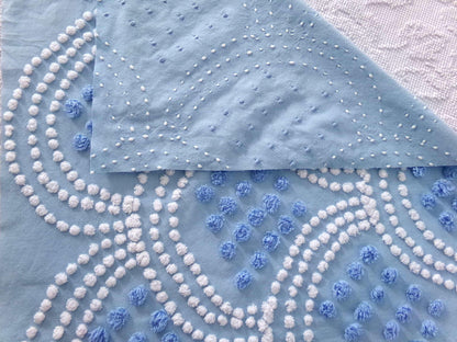 seashell pearls fabric, 20" x 24" inch piece cut from vintage chenille bedspread, beautiful blue & white scallop tufted design