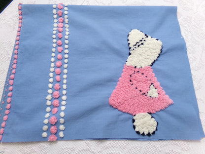sunbonnet girl vintage chenille bedspread fabric, pink & blue sewing material, 17" x 29"