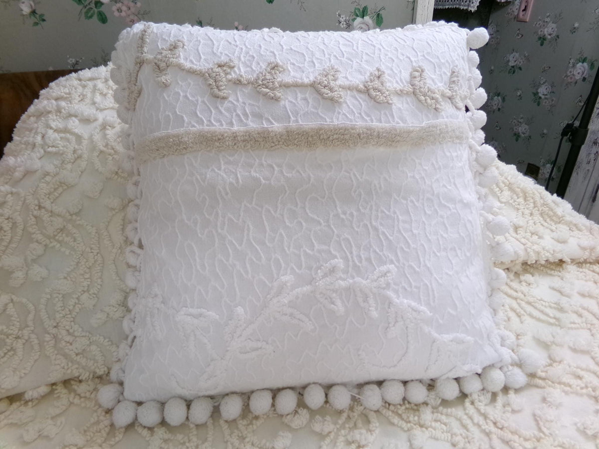 Vintage Rose Chenille Pillow Cover, Reversible Square Cottage Chic Floral Design