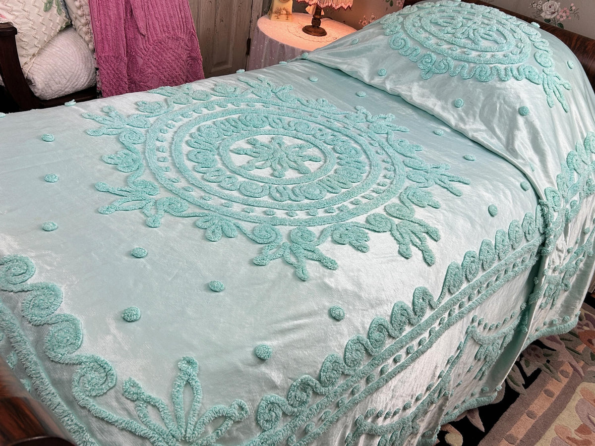 Seafoam Vintage Satin Bedspread Aqua Glamour Tufted Chenille Full Sz
