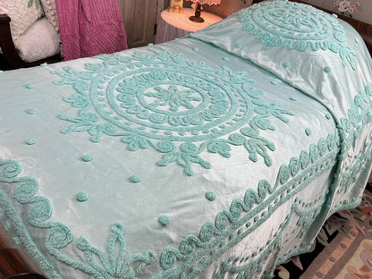 Seafoam Vintage Satin Bedspread Aqua Glamour Tufted Chenille Full Sz