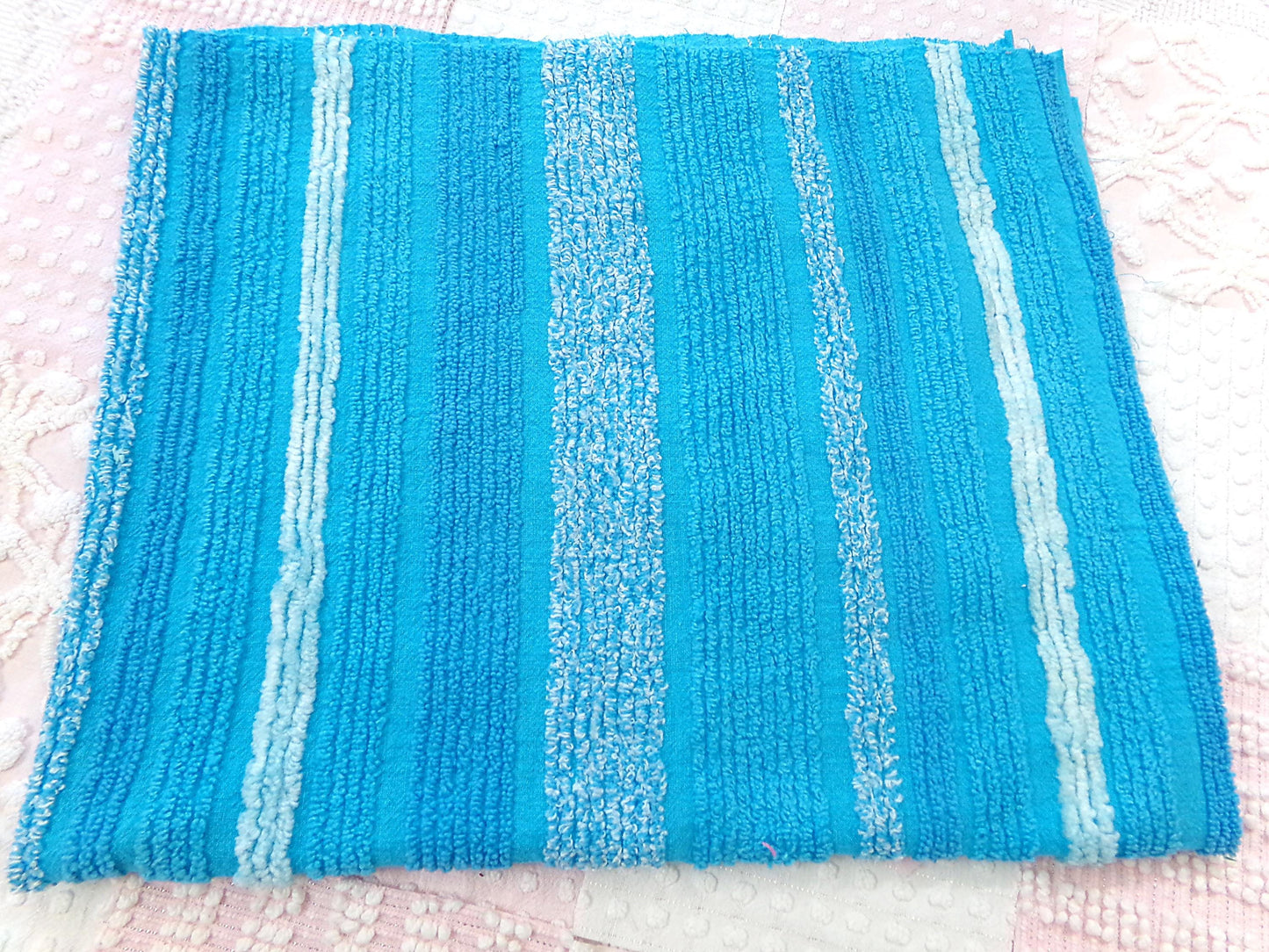 mermaid blue vintage chenille fabric, bright variegated multisize stripes, 20" x 24" piece of sewing material