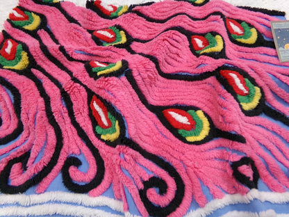 Pink Peacock Vintage Chenille Fabric, exotic tail feathers, sewing craft quilt material 17" x 23" piece