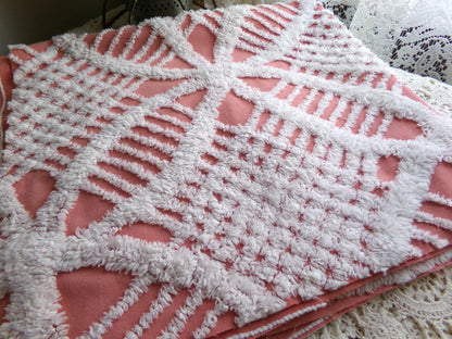 Warm Terracotta Rose Vintage Chenille Fabric, 29" x 27" Inch Piece, White Geometric Designs