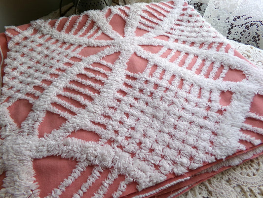 Warm Terracotta Rose Vintage Chenille Fabric, 29" x 27" Inch Piece, White Geometric Designs