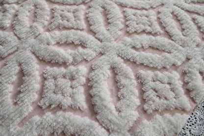 sculpted petals vintage chenille fabric, white tufting on cool pink, 20" x 25" inch piece, 100% cotton