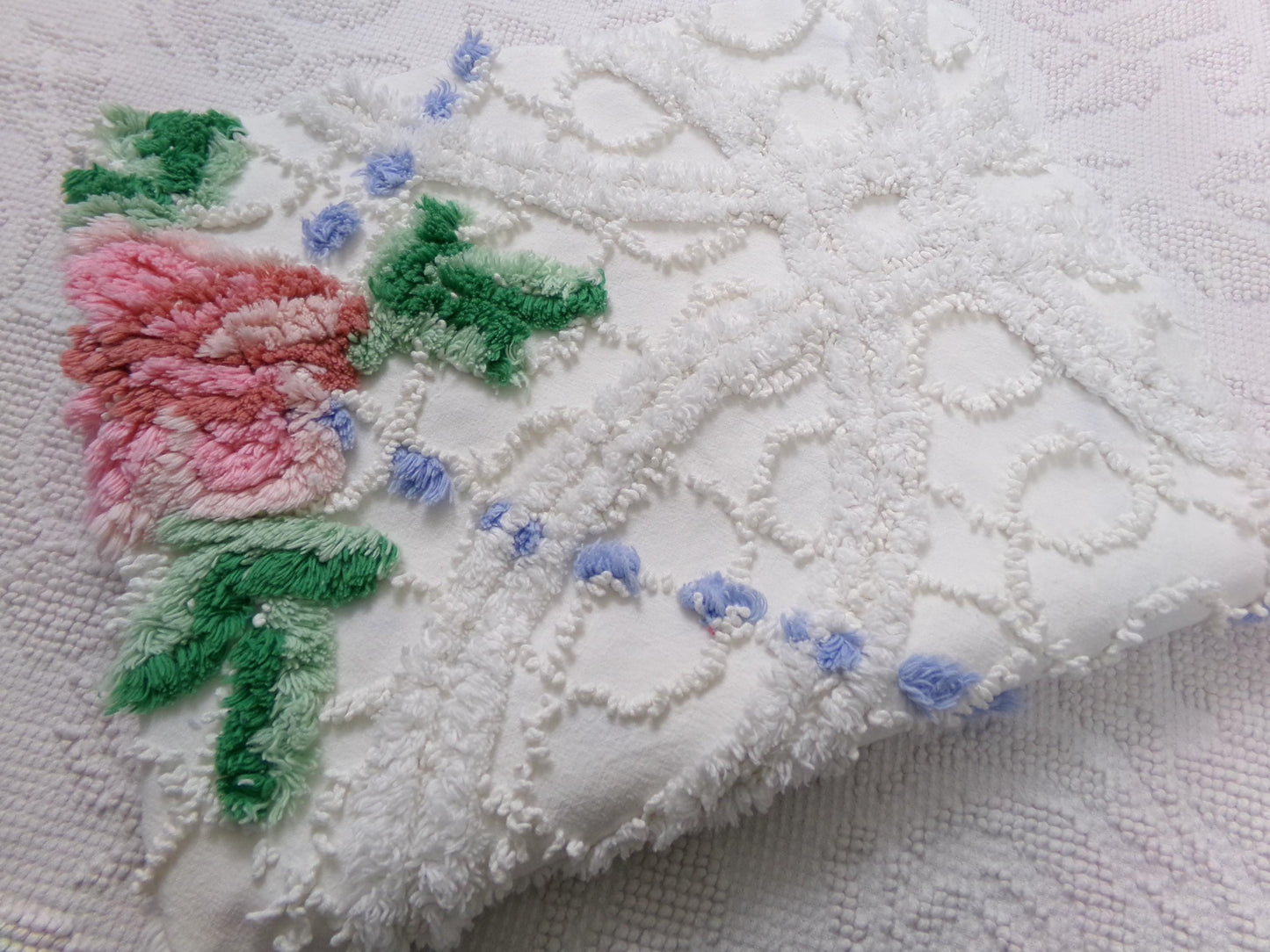 shabby cottage vintage chenille fabric, pink rose quilt material, 22" x 25" piece
