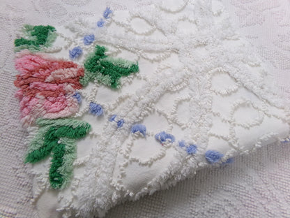 shabby cottage vintage chenille fabric, pink rose quilt material, 22" x 25" piece