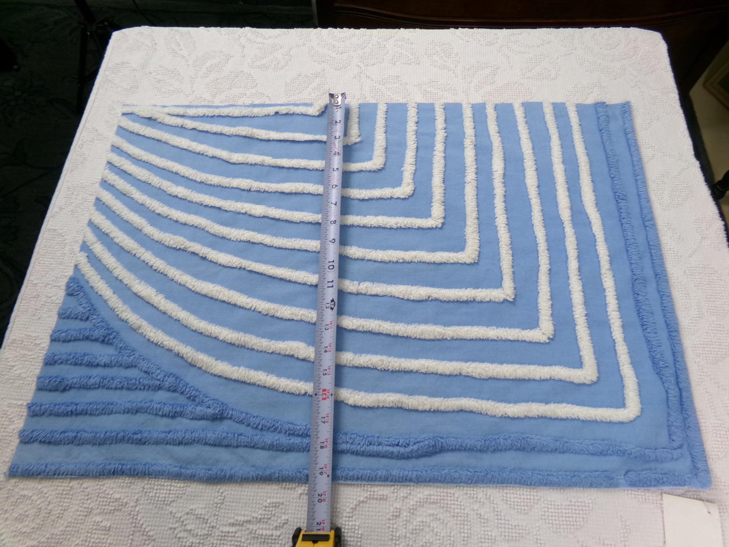 vintage chenille bedspread fabric, blue & white wave design, 27" x 19"