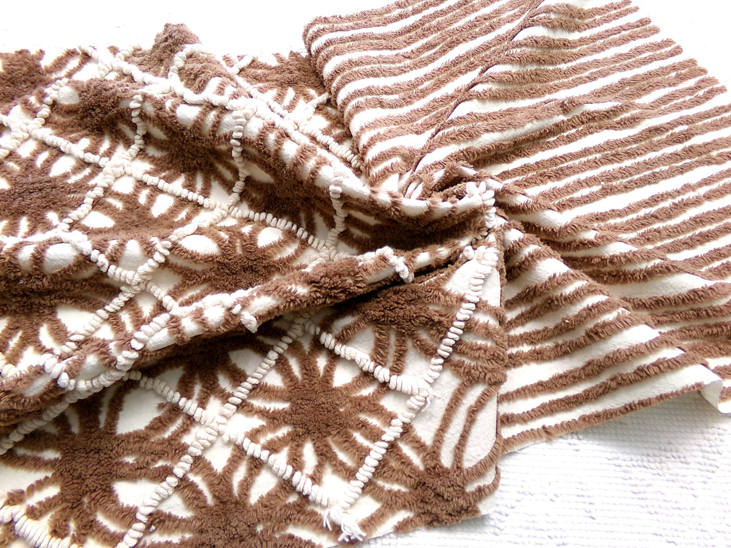 vintage brown chenille fabric: 18" x 28" contrast piece in mocha w/ tiny vanilla pearl pops, cute for teddy bears, quilts, crafts