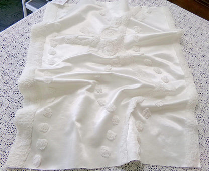 Tufted White Satin Vintage Chenille Bedspread Fabric, Shabby Romantic 19x24"