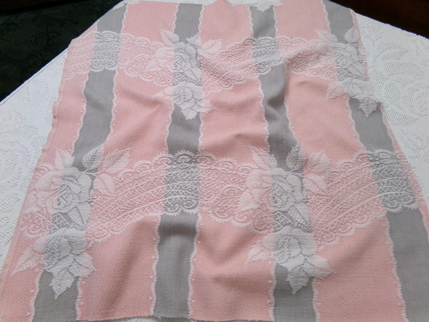Lacy Rose Vintage Woven Fabric Piece Pink & Grey Stripes Shabby Chic Sewing Material 24x23"