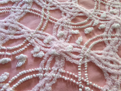 rose pink vintage chenille fabric, infinity links & pearl pops design 21" x 22"